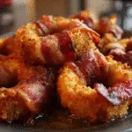 Cheddar-stuffed bacon wrapped onion rings appetizer with melted cheese and crispy bacon on premium baking sheet