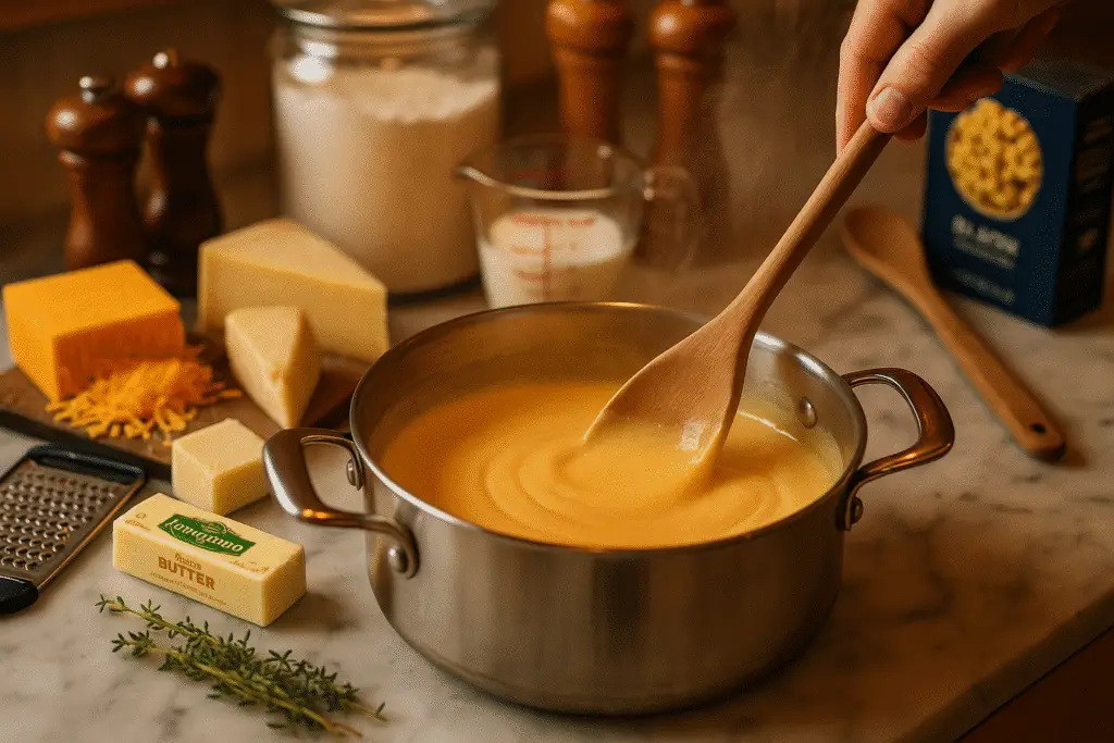 Making creamy cheese sauce for mac and cheese recipe using roux technique with premium ingredients