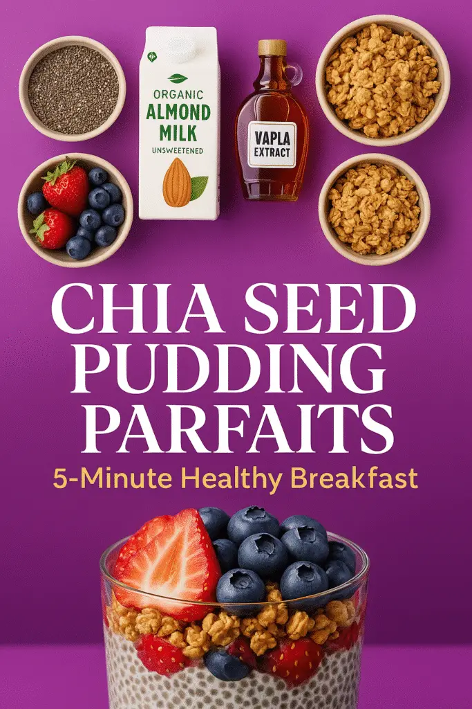 Chia seed pudding parfait ingredients and finished recipe Pinterest pin by CrennRecipes