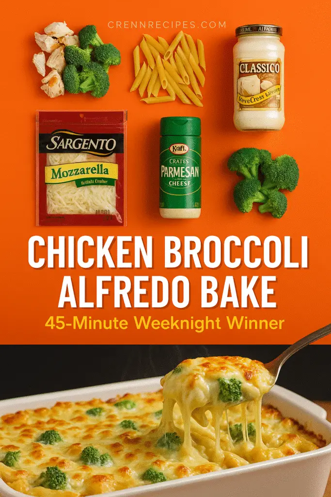 Chicken Broccoli Alfredo Bake Pinterest pin showing ingredients and finished casserole from CrennRecipes