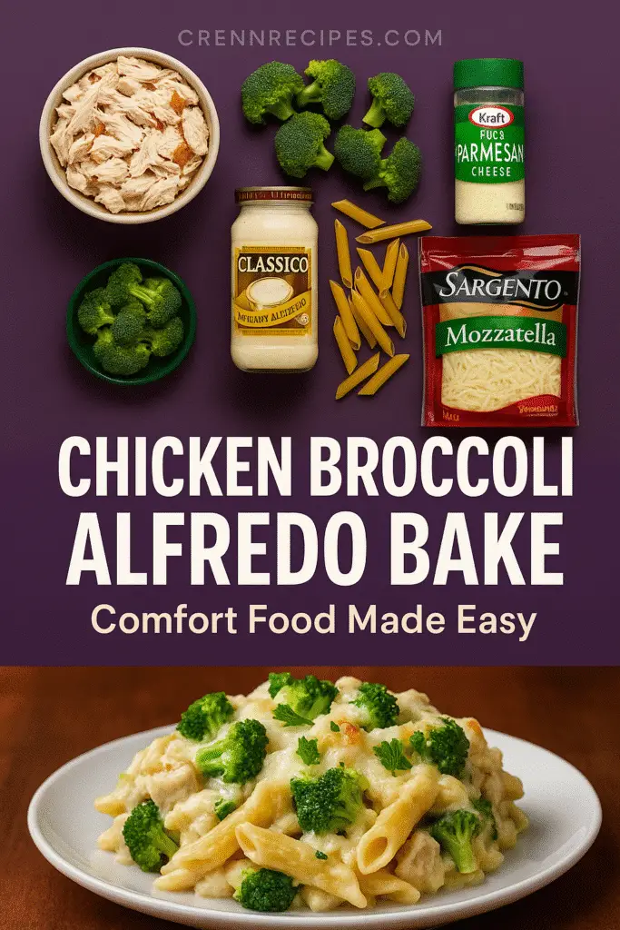 Chicken Broccoli Alfredo Bake recipe Pinterest pin with premium ingredients and plated serving