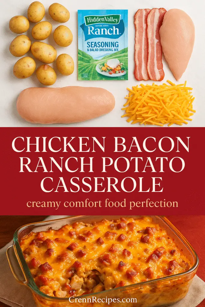 Chicken bacon ranch potato casserole Pinterest recipe pin with ingredients showcase - CrennRecipes comfort food collection