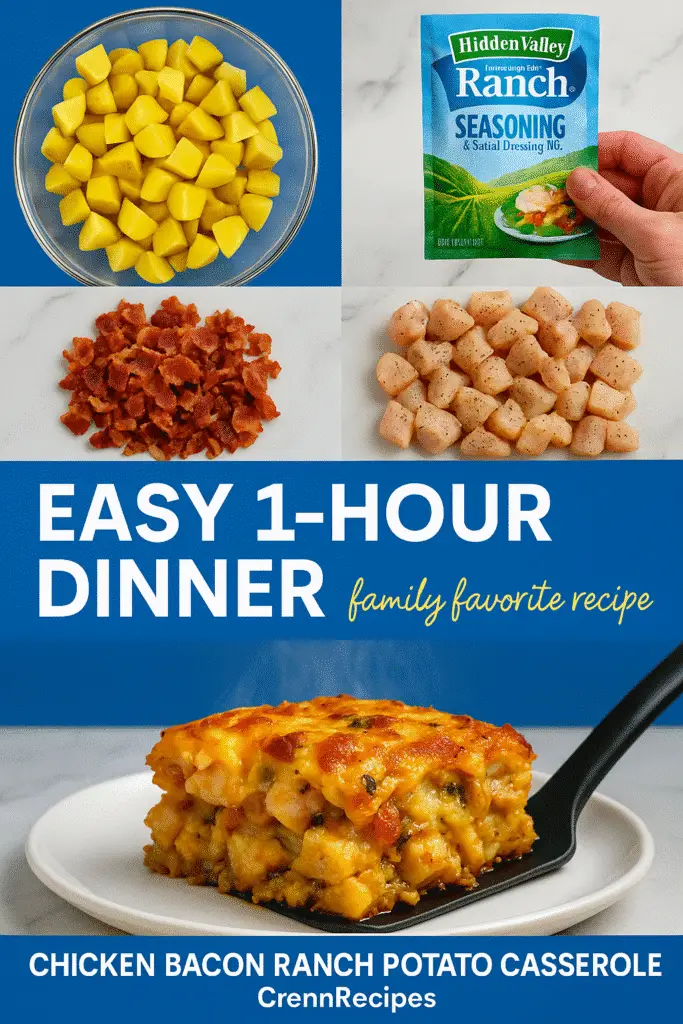 Easy chicken bacon ranch potato casserole recipe process Pinterest pin - CrennRecipes one-hour dinner solution