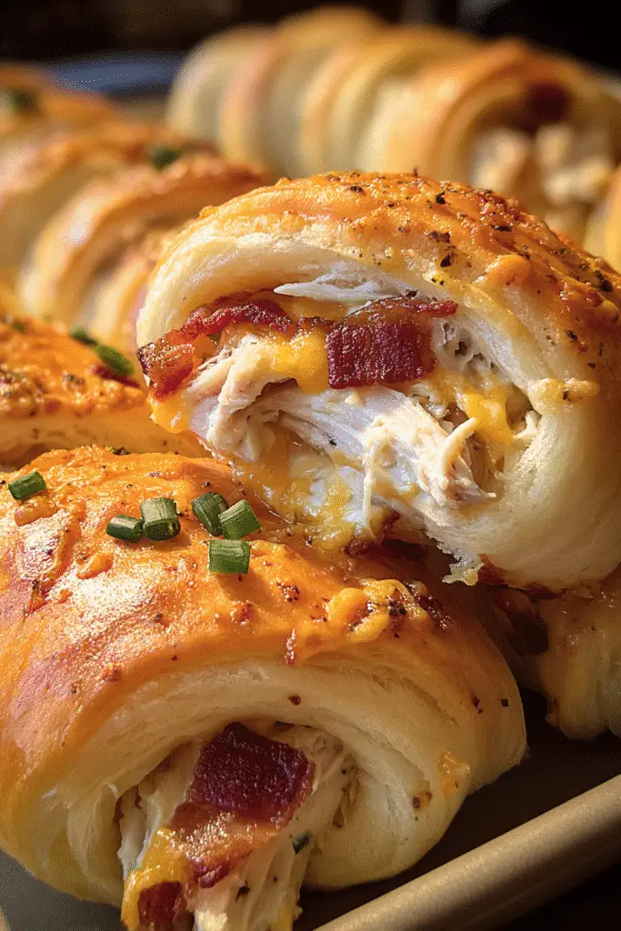 Homemade Chicken Bacon Ranch Crescent Rolls with golden crust and melted Colby Jack cheese