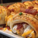 Golden Chicken Bacon Ranch Crescent Rolls appetizer with crispy bacon and melted cheese on white plate