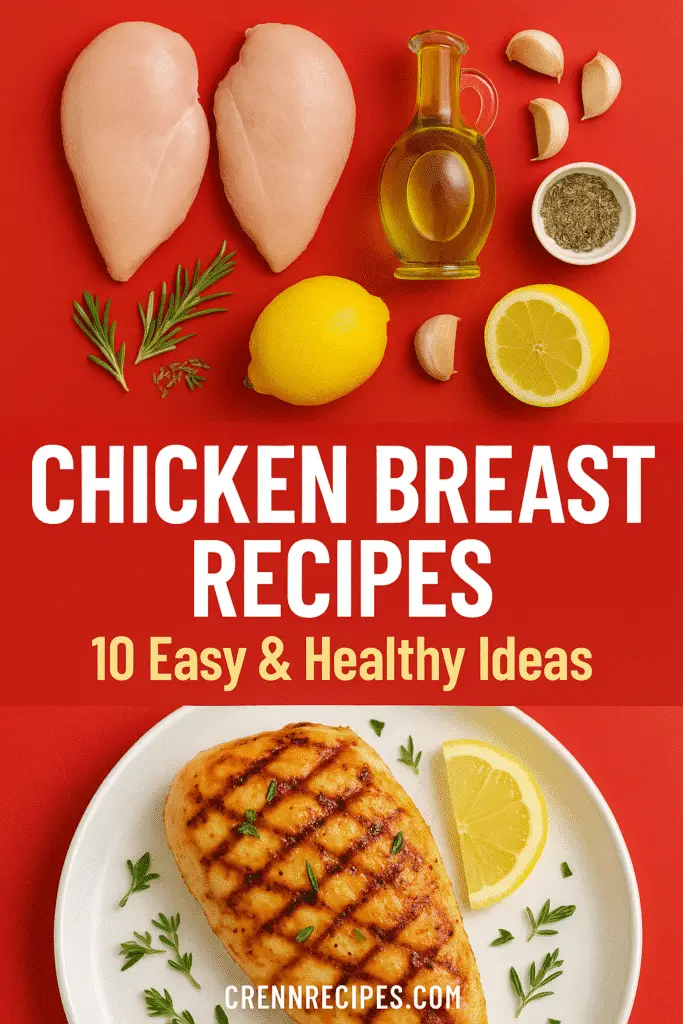 Chicken breast recipes Pinterest pin with ingredients and finished dish from CrennRecipes.com