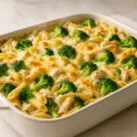 Chicken Broccoli Alfredo Bake casserole with melted cheese and fresh broccoli for weeknight dinner