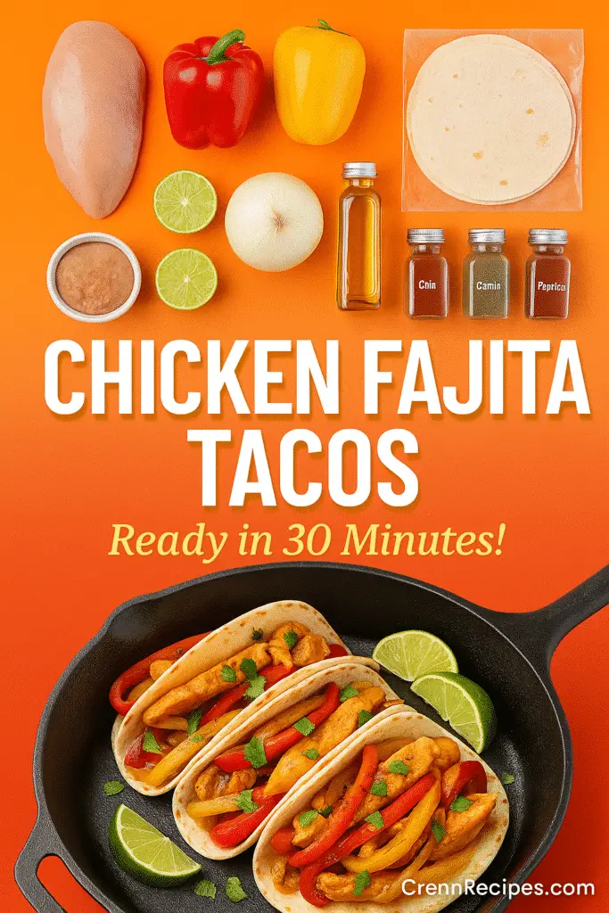 Chicken fajita tacos Pinterest pin showing ingredients and final dish - CrennRecipes 30 minute recipe