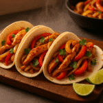Chicken fajita tacos recipe with grilled chicken bell peppers onions on flour tortillas - CrennRecipes