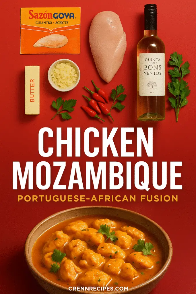 Chicken Mozambique Pinterest recipe pin with Goya Sazon ingredients and authentic Portuguese cooking methods