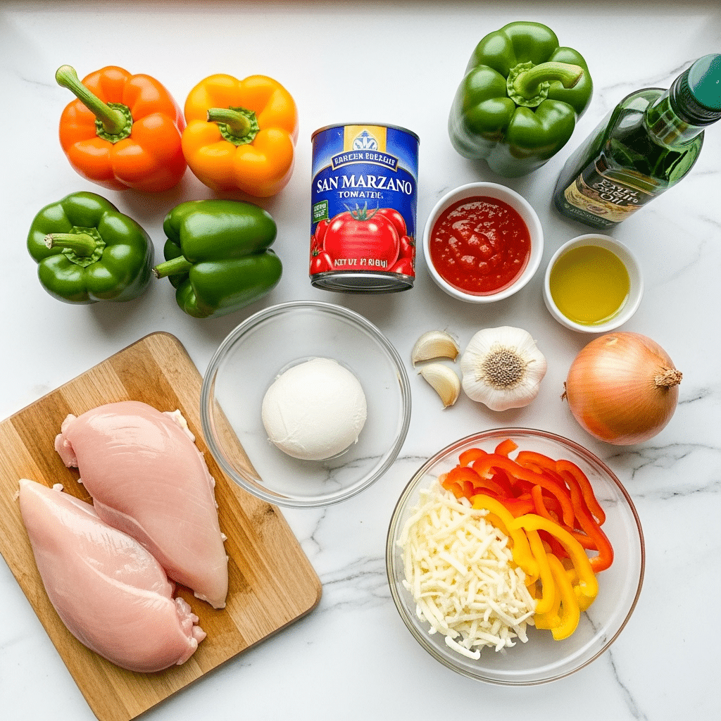 Chicken Pizzaiola Skillet ingredients flat lay featuring San Marzano tomatoes, fresh mozzarella, chicken breasts, and bell peppers