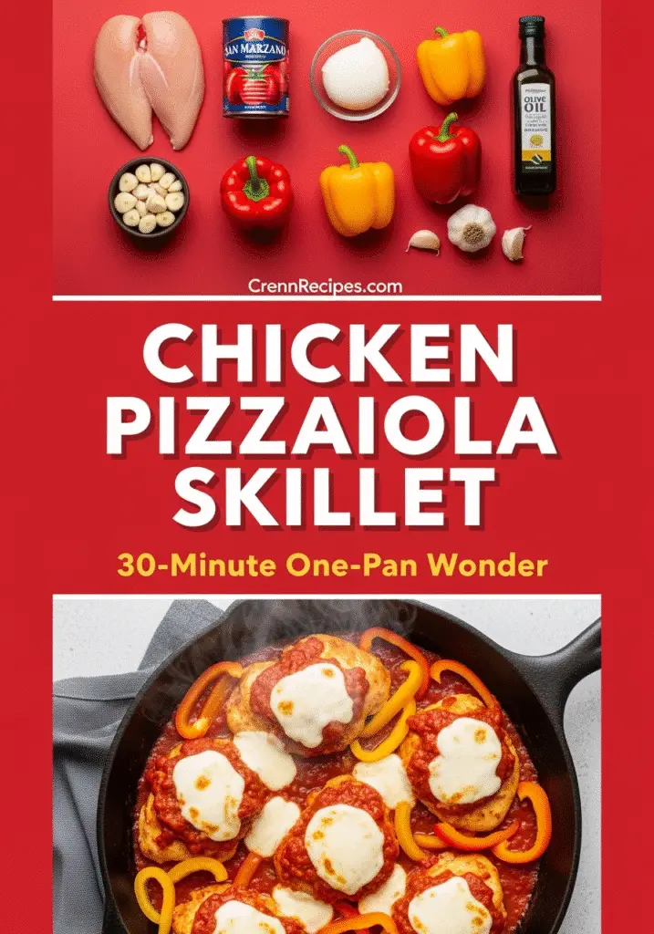 Chicken Pizzaiola Skillet Pinterest recipe pin - 30-minute Italian one-pan dinner with ingredients and finished dish from CrennRecipes