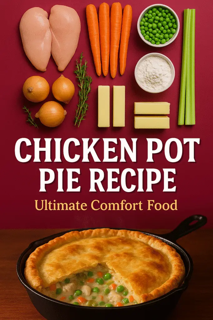 Chicken pot pie recipe ingredients and finished dish - CrennRecipes Pinterest optimization guide