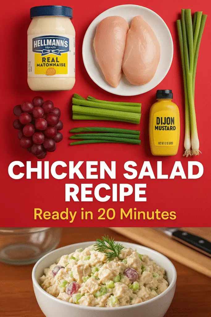 Easy chicken salad recipe Pinterest pin - 20 minute homemade meal with premium Hellmann's mayonnaise - CrennRecipes.com