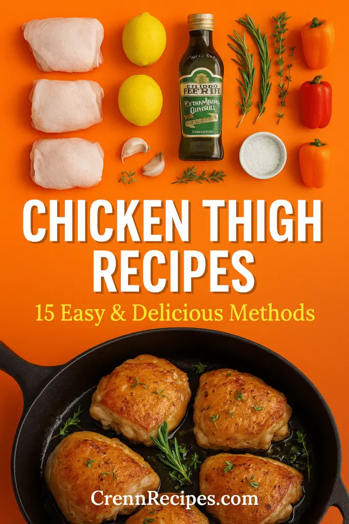 Easy chicken thigh recipes Pinterest pin with 15 cooking methods from CrennRecipes premium collection