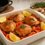 Golden baked chicken thigh recipes with roasted vegetables and fresh herbs from CrennRecipes premium kitchen