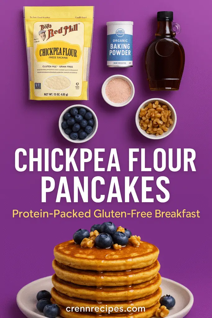 Chickpea flour pancakes Pinterest pin showing ingredients and final dish - CrennRecipes healthy breakfast