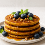 Fluffy chickpea flour pancakes with maple syrup and berries - CrennRecipes gluten-free breakfast