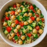 Healthy chickpea quinoa salad recipe with fresh vegetables and herbs from CrennRecipes premium collection