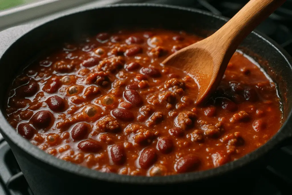 Chili cooking in pot showing texture and depth