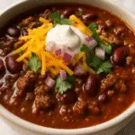 Classic chili recipe in a white bowl with toppings