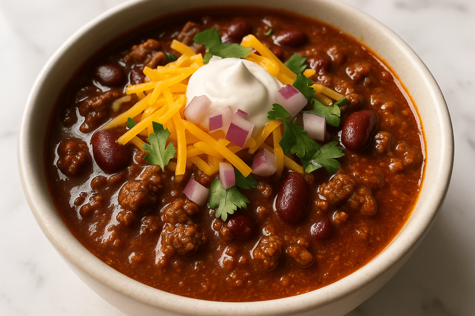 Classic chili recipe in a white bowl with toppings