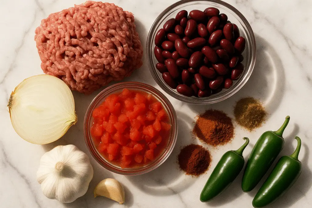 Ingredients for chili recipe on marble surface