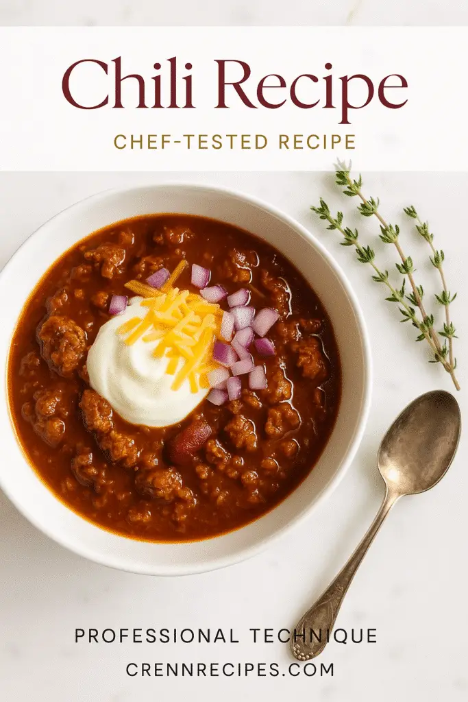 Chili Recipe Pin – Classic beef chili in white bowl with toppings