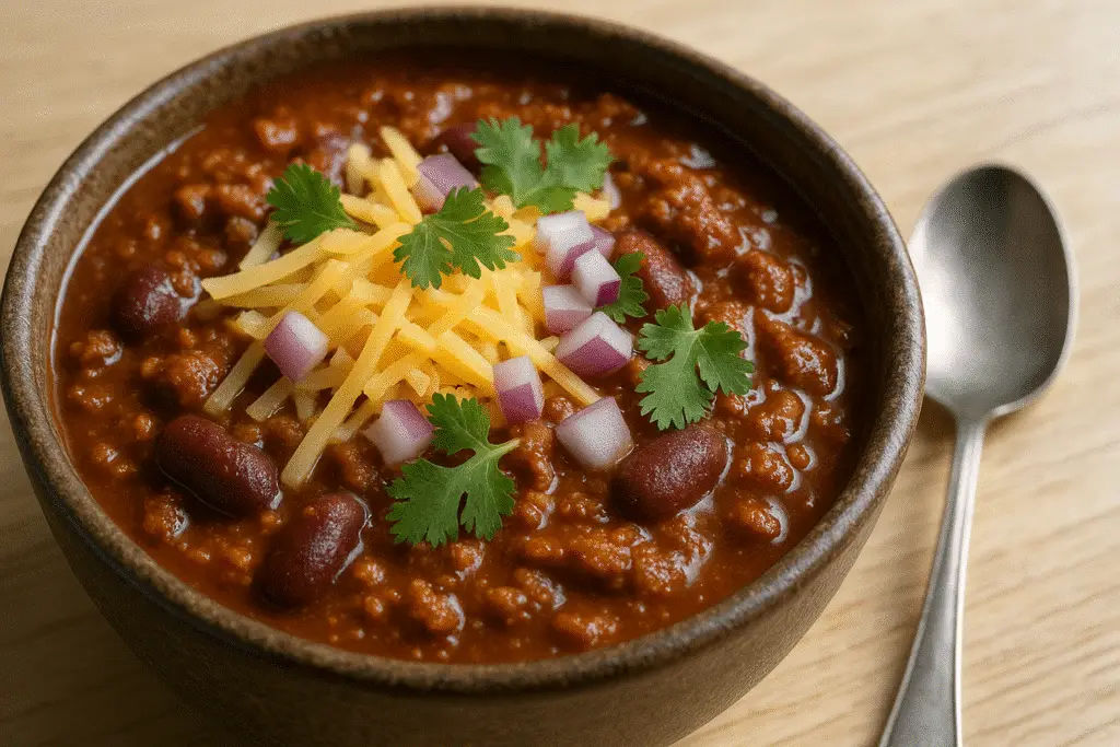 Chili served in a bowl with vibrant toppings