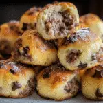 Chocolate Chip Cookie Sausage Biscuit Bombs recipe with golden flaky biscuits filled with savory sausage and sweet cookie dough