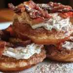 Cinnamon sugar bacon donuts with bourbon whipped cream on rustic wooden board - premium breakfast pastry recipe