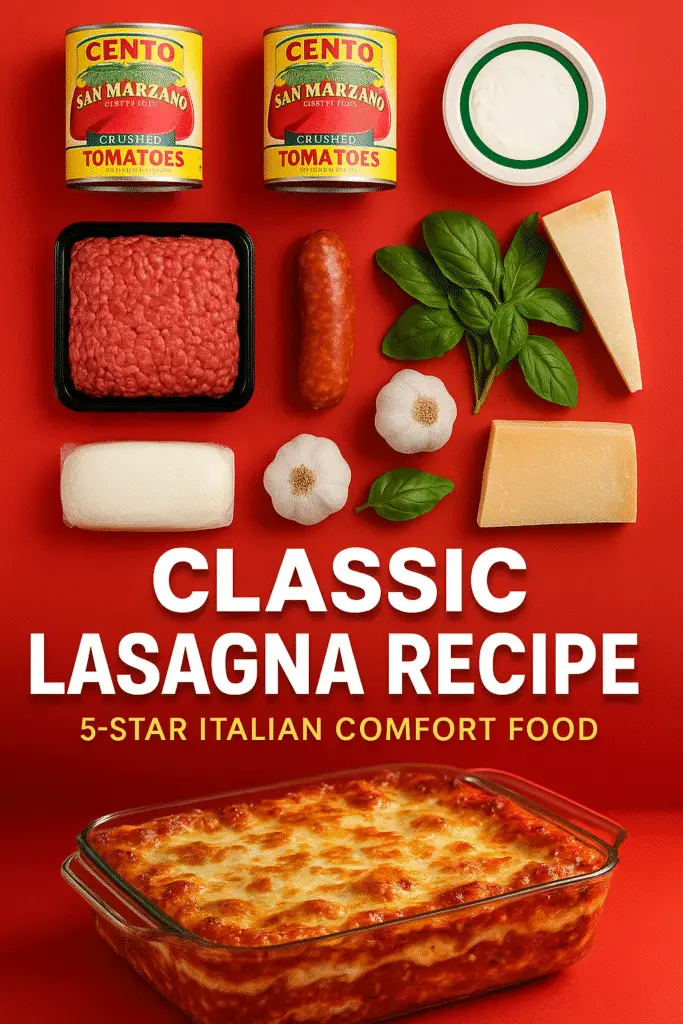 Classic lasagna recipe Pinterest pin featuring premium ingredients and finished dish from CrennRecipes.com