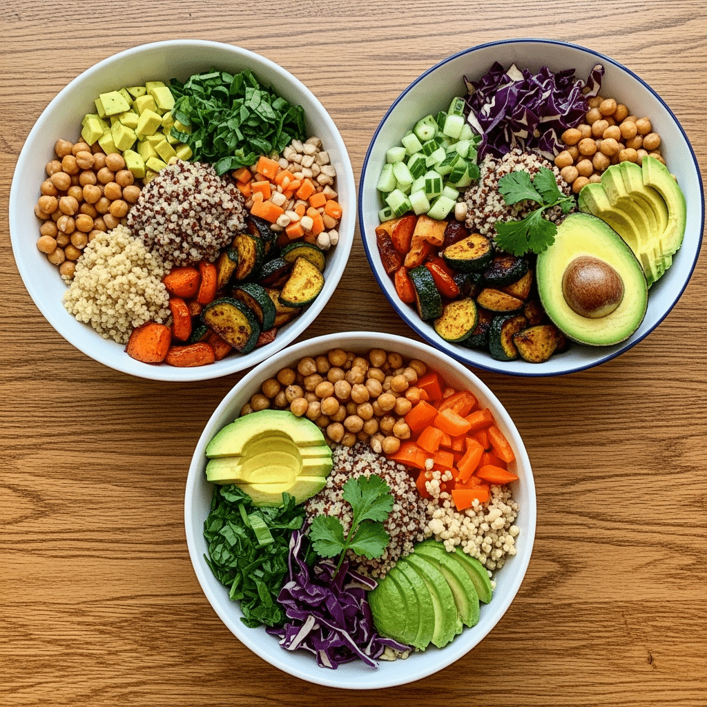 Three classic quinoa Buddha bowl recipes with tahini dressing and roasted vegetables - CrennRecipes meal ideas