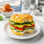 Cloud bread breakfast sandwich final dish featuring premium ingredients and professional kitchen tools on marble countertop