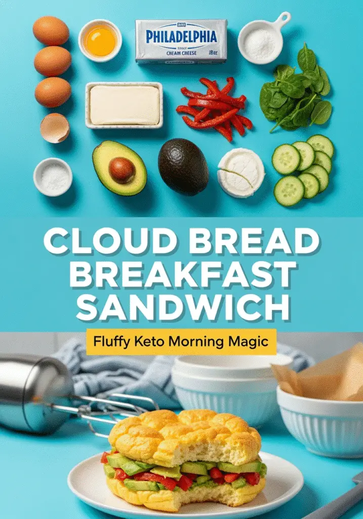 Cloud bread breakfast sandwich Pinterest pin featuring Philadelphia cream cheese, farm eggs, and premium kitchen tools from CrennRecipes