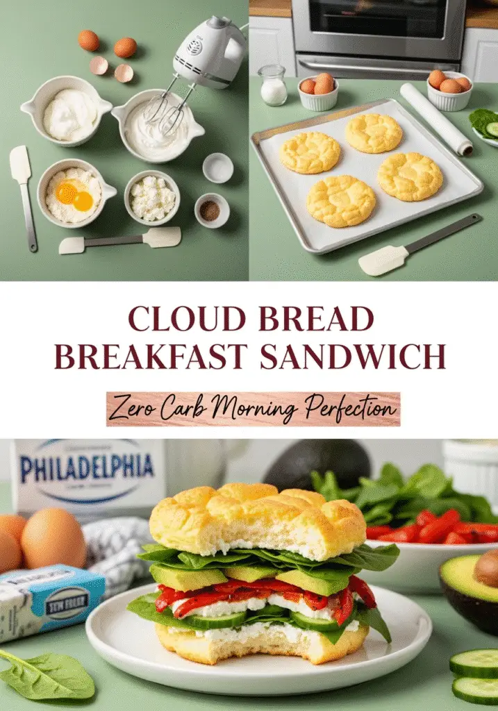 Step-by-step cloud bread breakfast sandwich process featuring professional kitchen tools and Philadelphia cream cheese from CrennRecipes