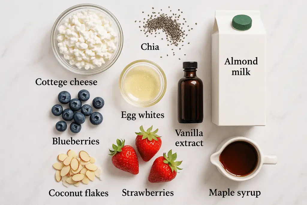 Cloud bread chia bowl ingredients including cottage cheese, egg whites, and chia seeds