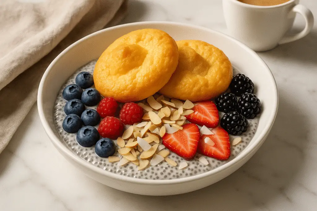 Beautifully plated cloud bread chia bowl ready to serve