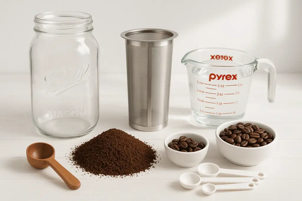 Cold brew mason jar ingredients including coffee beans and brewing filter