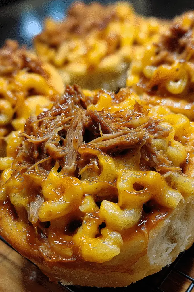 Comfort food Pulled Pork Mac & Cheese Cinnamon Rolls with premium cheese blend
