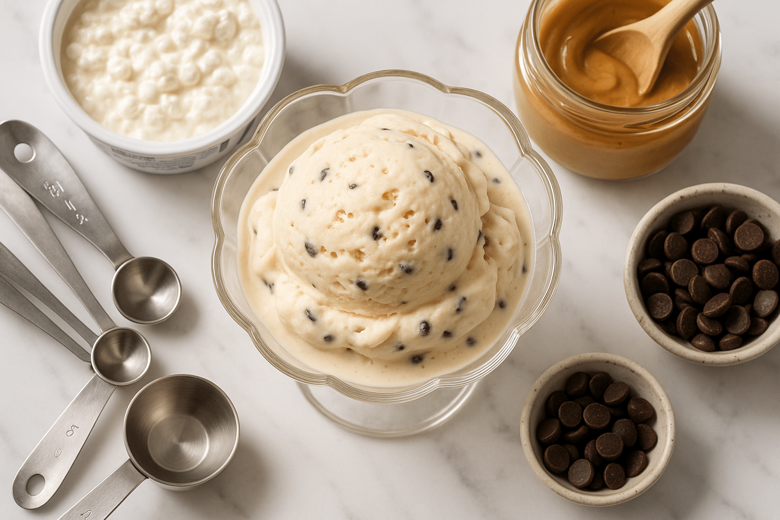 Cottage cheese ice cream recipe with protein-rich ingredients including cottage cheese, honey, and peanut butter