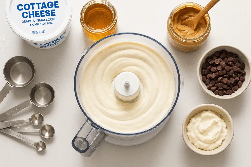Cottage cheese ice cream preparation showing smooth mixture in food processor with recipe ingredients