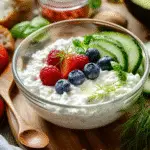 Cottage cheese lunch bowl with fresh berries and vegetables on bamboo cutting board - high protein meal prep
