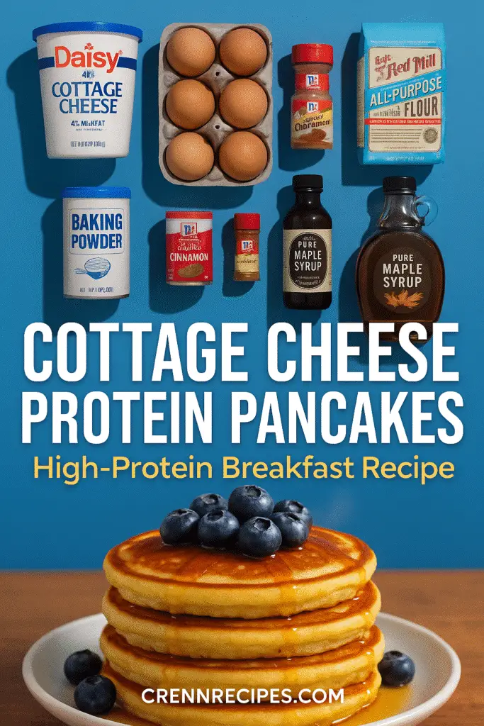 Essential ingredients for cottage cheese protein pancakes - flour, eggs, cottage cheese, baking powder