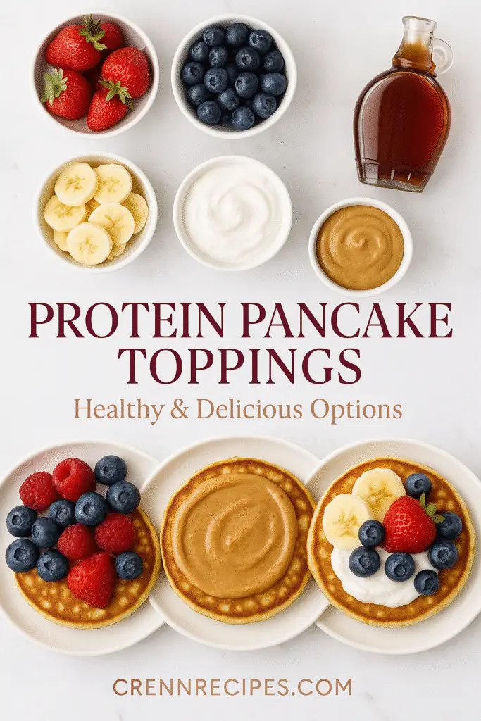 Healthy topping options for cottage cheese protein pancakes including berries and nut butters