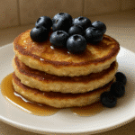 Cottage cheese protein pancakes with blueberries and maple syrup - high protein breakfast recipe