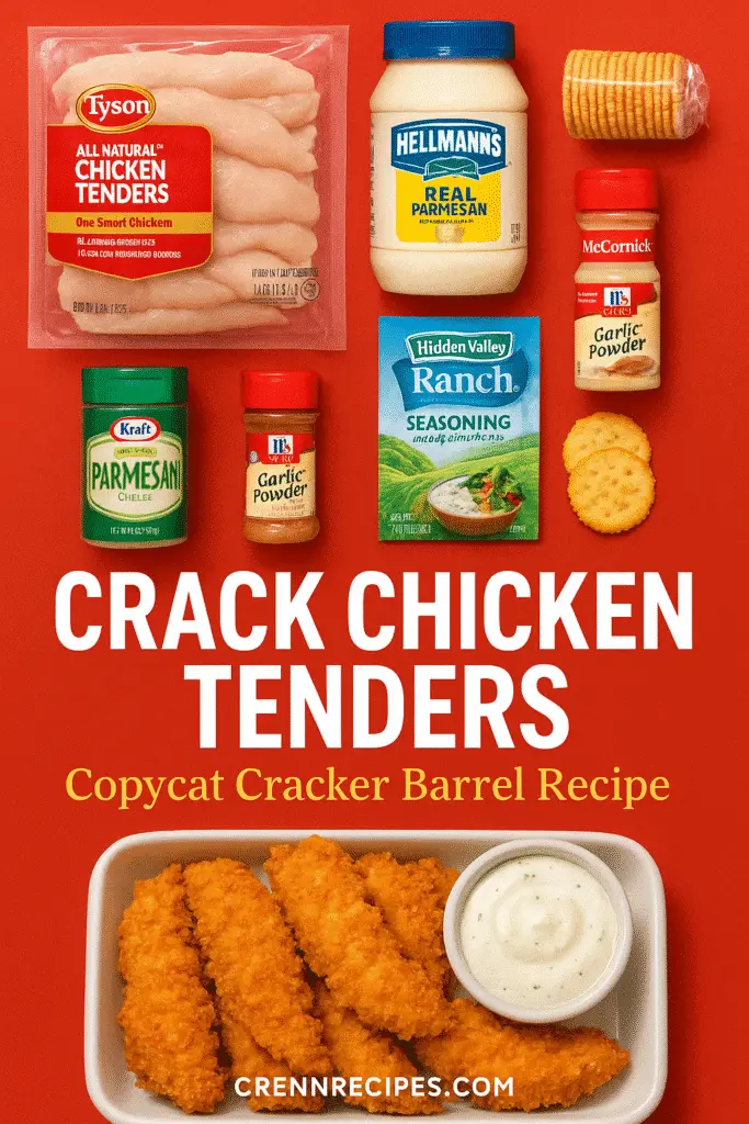 Crack chicken tenders Pinterest recipe pin - CrennRecipes copycat Cracker Barrel ingredients tutorial