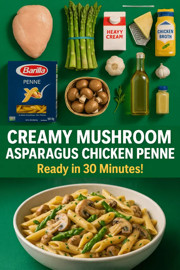CrennRecipes creamy mushroom and asparagus chicken penne Pinterest pin showing ingredients and final dish