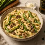 Creamy mushroom and asparagus chicken penne recipe with tender chicken and fresh vegetables in rich Parmesan sauce