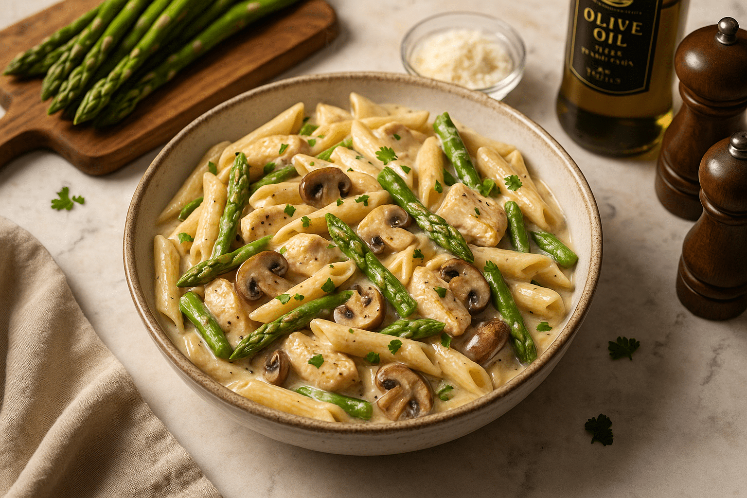 Creamy mushroom and asparagus chicken penne recipe with tender chicken and fresh vegetables in rich Parmesan sauce